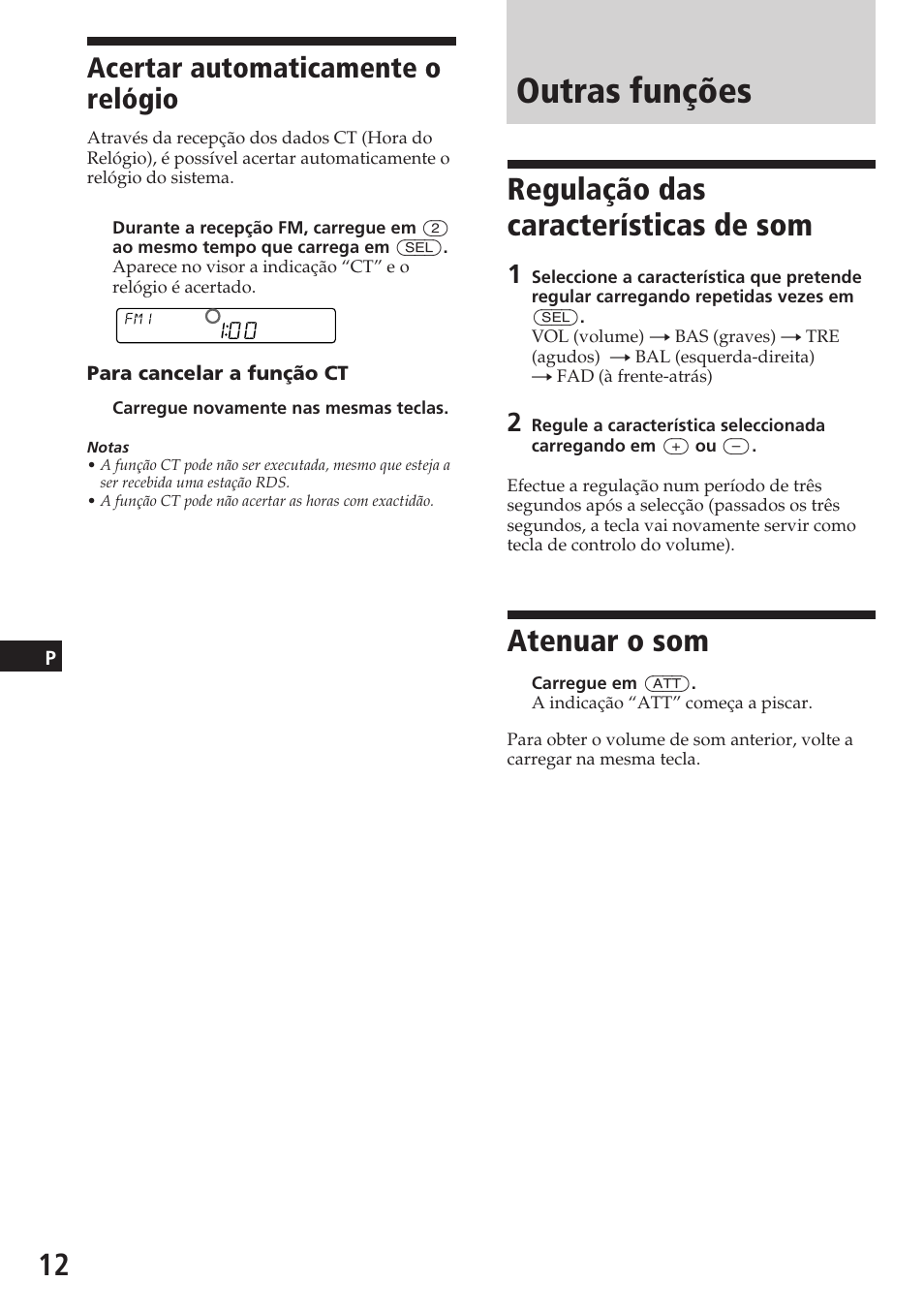 Outras funções, Regulação das características de som, Atenuar o som | Acertar automaticamente o relógio | Sony XR-C5080R User Manual | Page 74 / 84