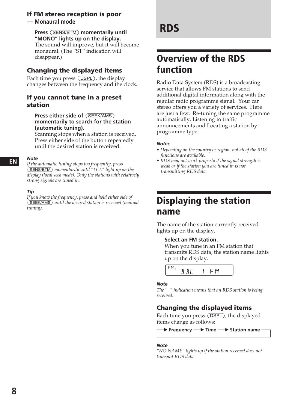 Overview of the rds function, Displaying the station name | Sony XR-C5080R User Manual | Page 8 / 84
