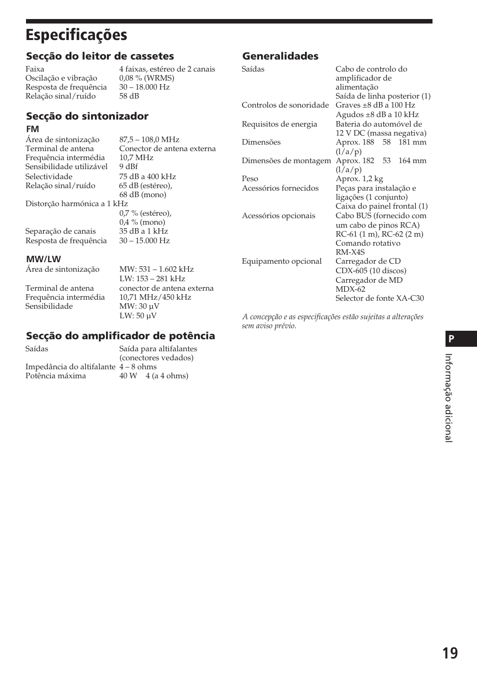 Especificações, Generalidades, Secção do leitor de cassetes | Secção do sintonizador, Secção do amplificador de potência | Sony XR-C5080R User Manual | Page 81 / 84