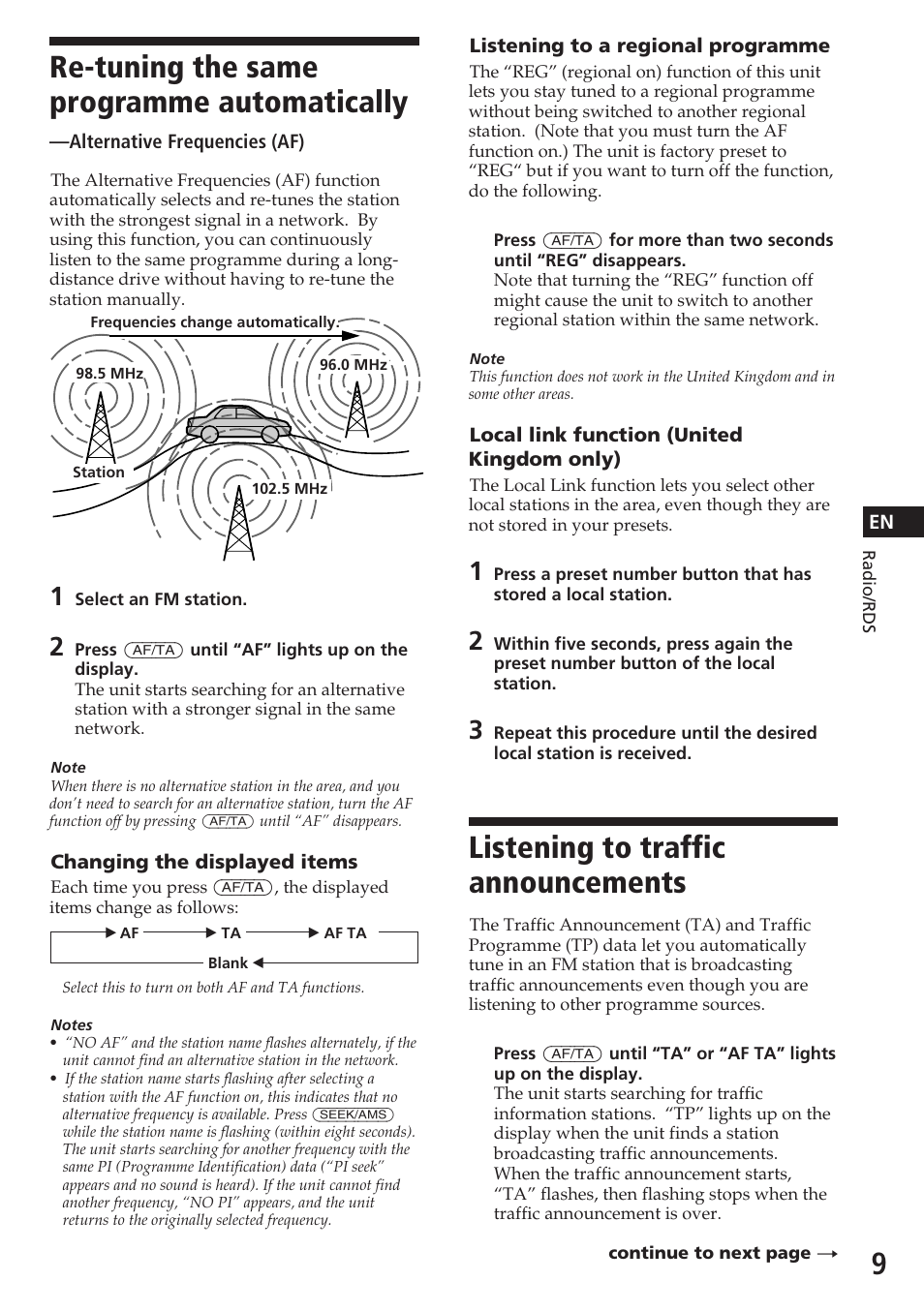 Listening to traffic announcements, Re-tuning the same programme automatically | Sony XR-C5080R User Manual | Page 9 / 84