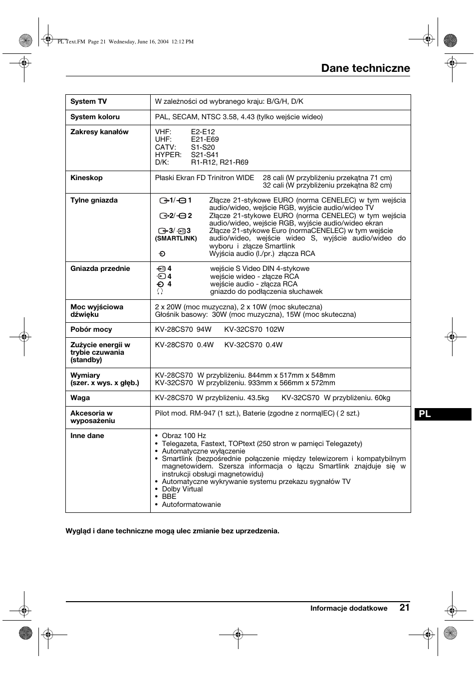 Dane techniczne | Sony FD Trinitron WEGA KV-28CS70K User Manual | Page 109 / 136