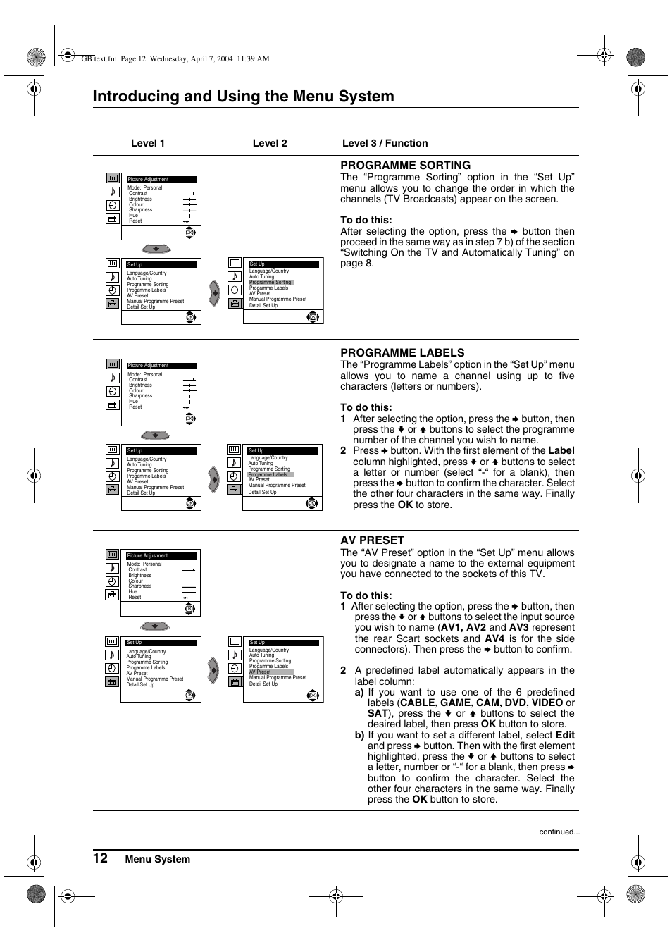 Introducing and using the menu system | Sony FD Trinitron WEGA KV-28CS70K User Manual | Page 12 / 136