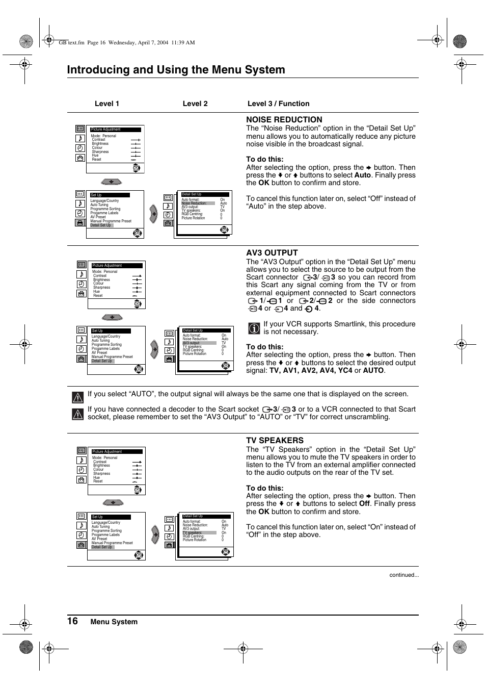 Introducing and using the menu system, Noise reduction, Av3 output | Tv speakers, Menu system, Level 1 level 2 level 3 / function | Sony FD Trinitron WEGA KV-28CS70K User Manual | Page 16 / 136
