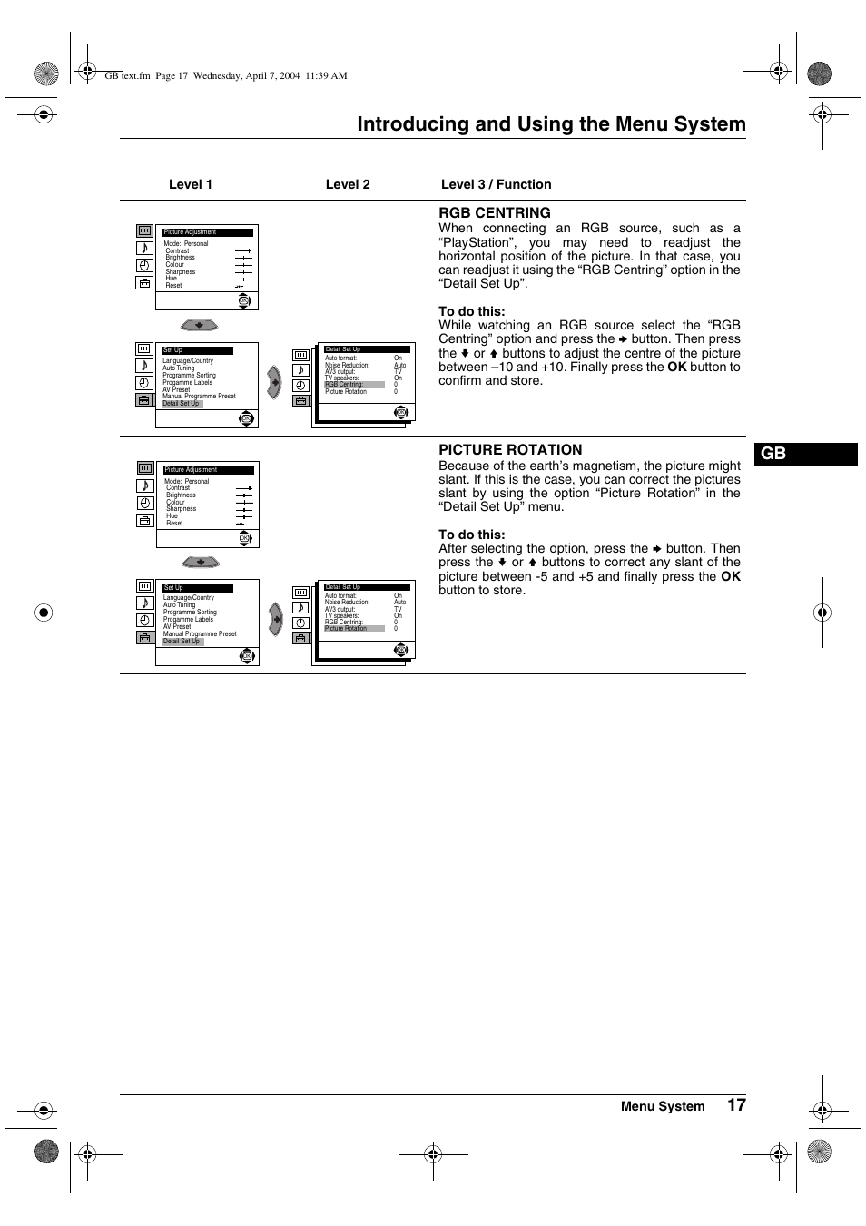 Introducing and using the menu system, Rgb centring, Picture rotation | Menu system, Level 1 level 2 level 3 / function | Sony FD Trinitron WEGA KV-28CS70K User Manual | Page 17 / 136