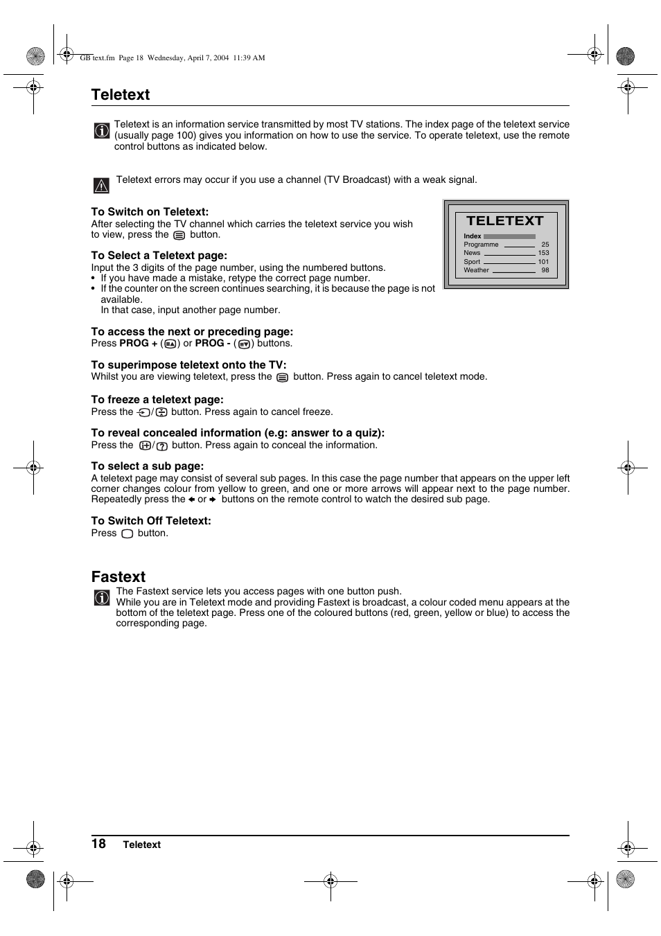 Teletext, Fastext | Sony FD Trinitron WEGA KV-28CS70K User Manual | Page 18 / 136