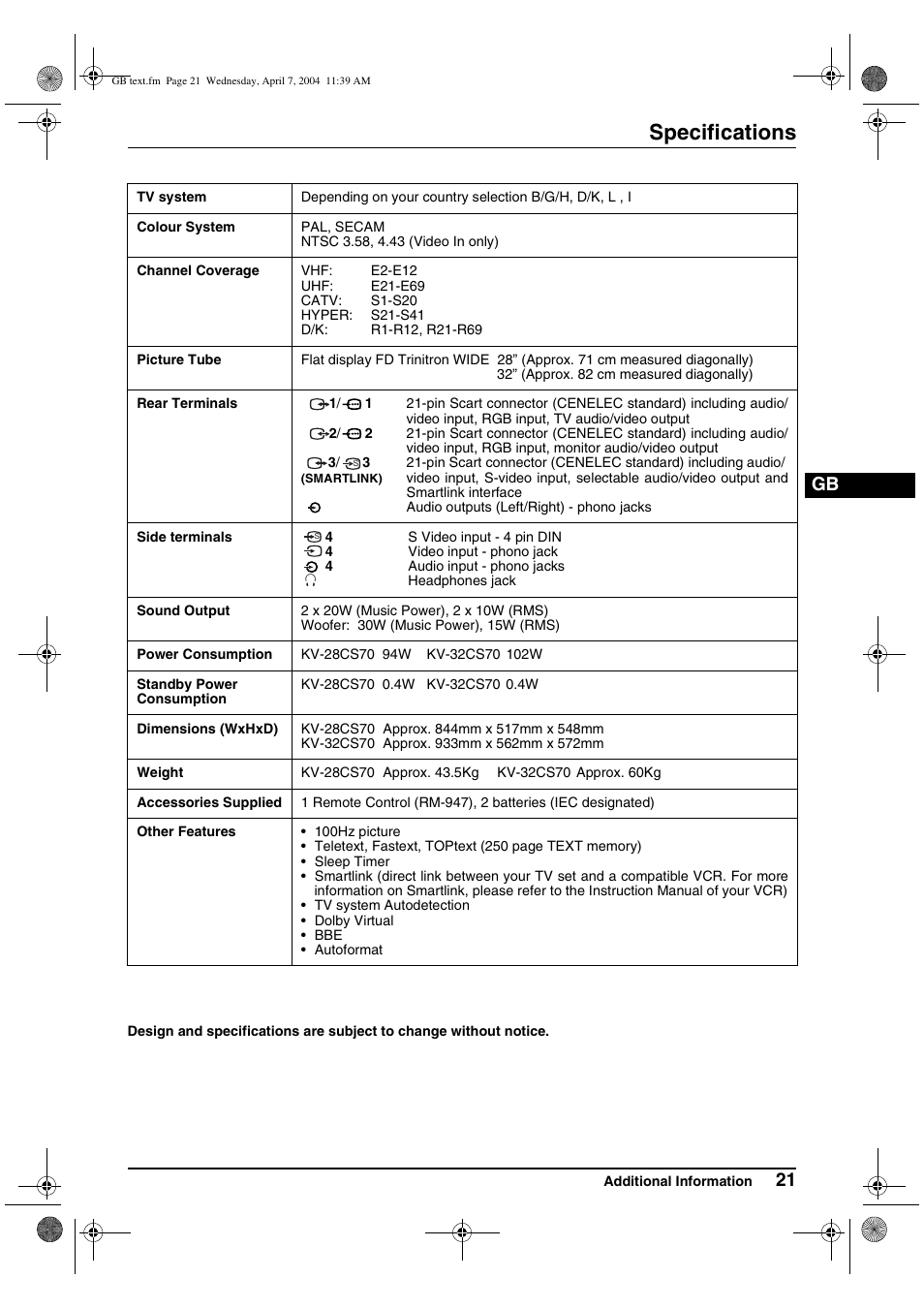 Specifications | Sony FD Trinitron WEGA KV-28CS70K User Manual | Page 21 / 136