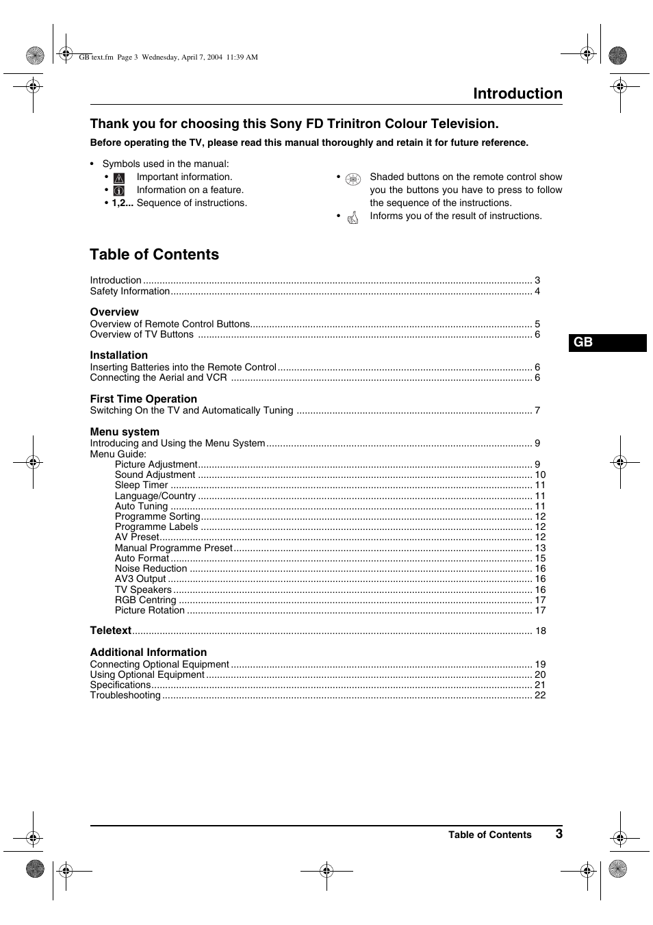 Sony FD Trinitron WEGA KV-28CS70K User Manual | Page 3 / 136