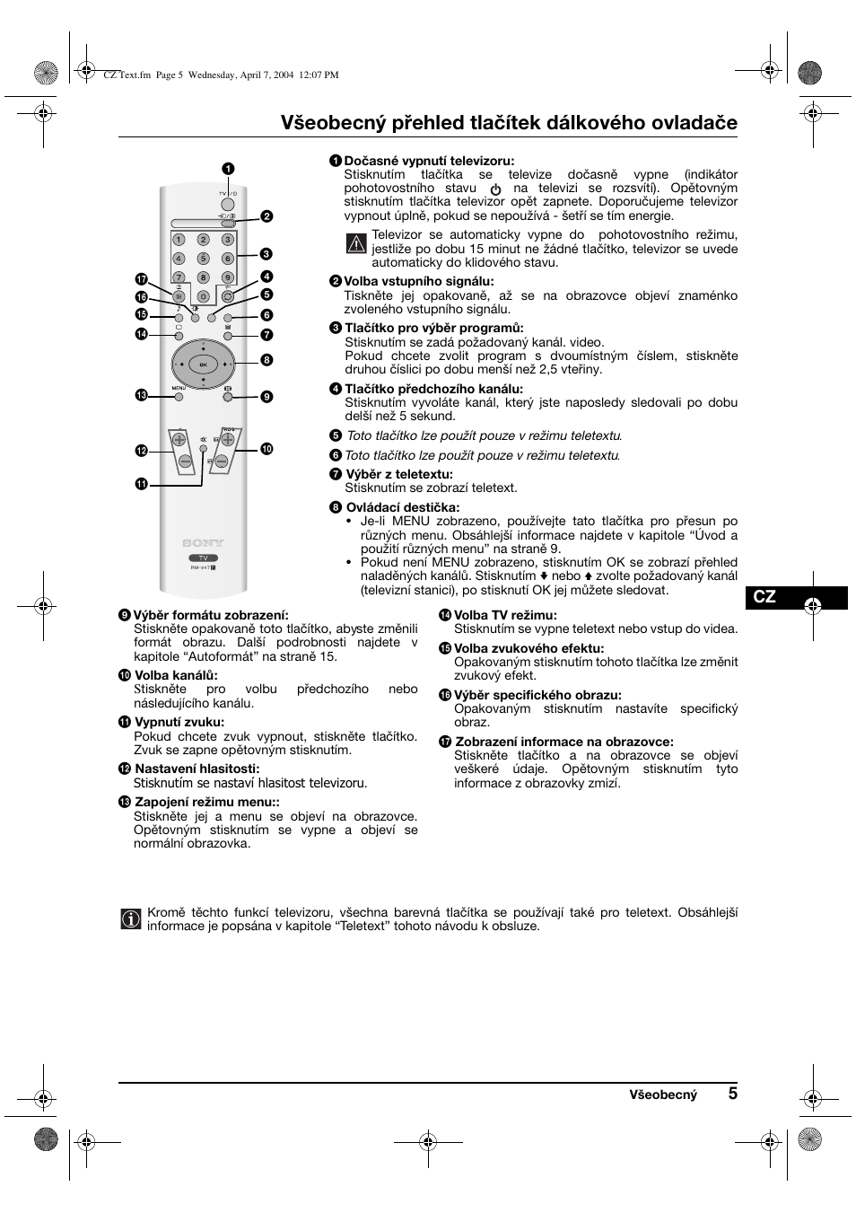 Všeobecný přehled tlačítek dálkového ovladače | Sony FD Trinitron WEGA KV-28CS70K User Manual | Page 49 / 136