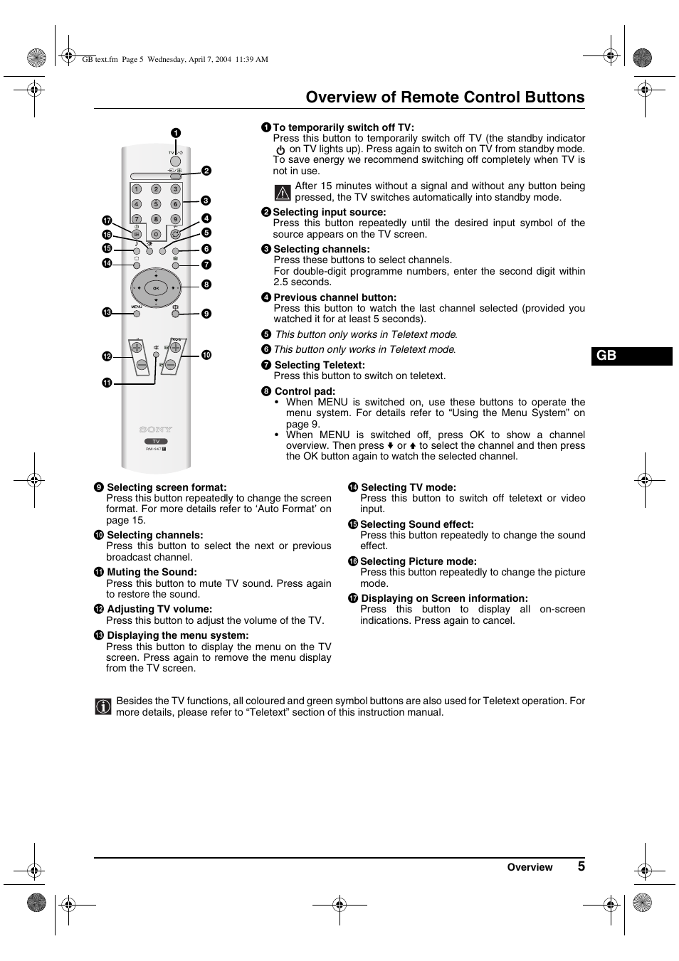 Overview of remote control buttons | Sony FD Trinitron WEGA KV-28CS70K User Manual | Page 5 / 136
