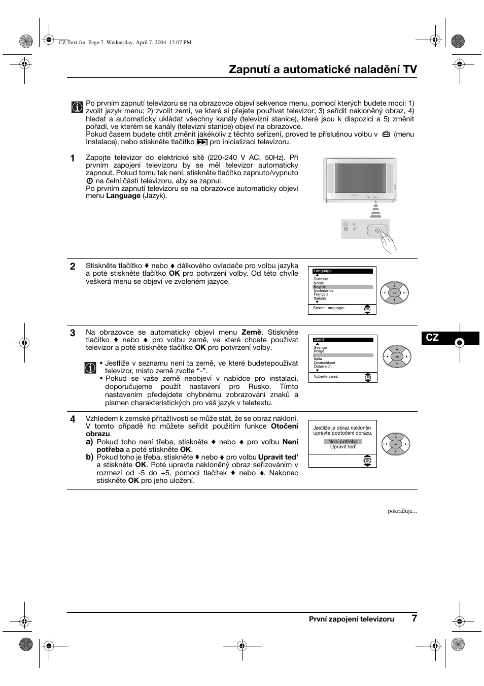 Zapnutí a automatické naladění tv | Sony FD Trinitron WEGA KV-28CS70K User Manual | Page 51 / 136