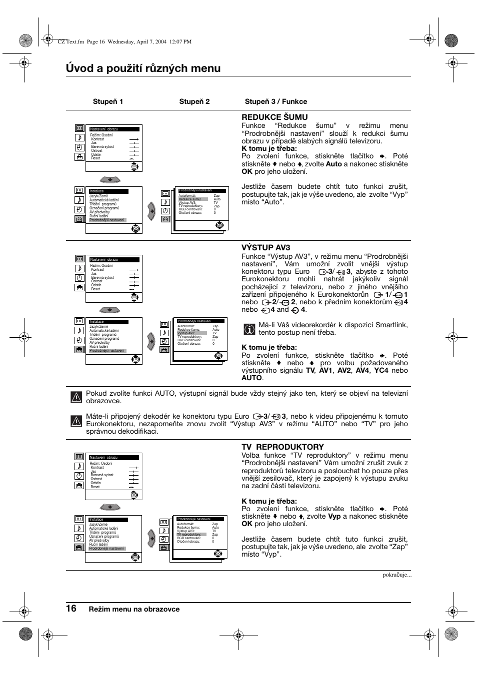 Úvod a použití různých menu, Redukce šumu, Výstup av3 | Tv reproduktory | Sony FD Trinitron WEGA KV-28CS70K User Manual | Page 60 / 136