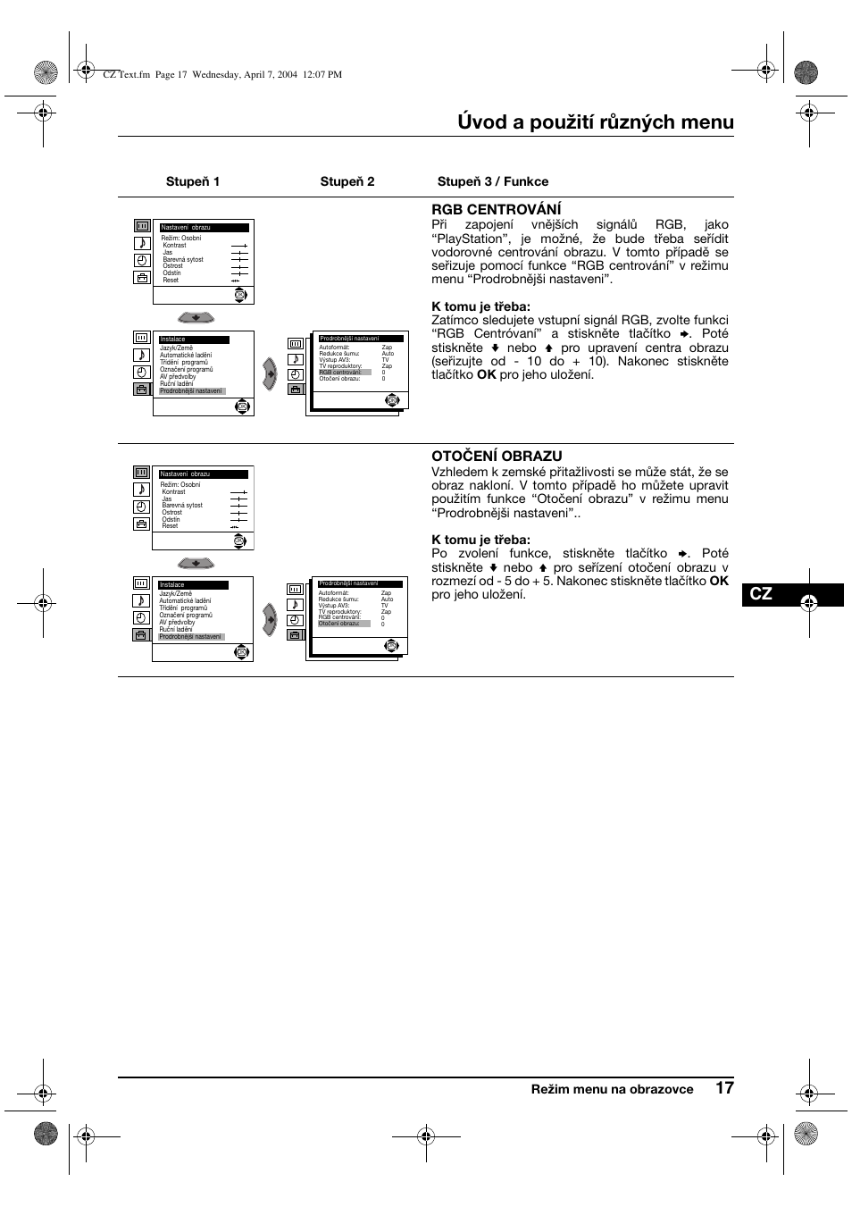 Úvod a použití různých menu, Rgb centrování, Otočení obrazu | Sony FD Trinitron WEGA KV-28CS70K User Manual | Page 61 / 136