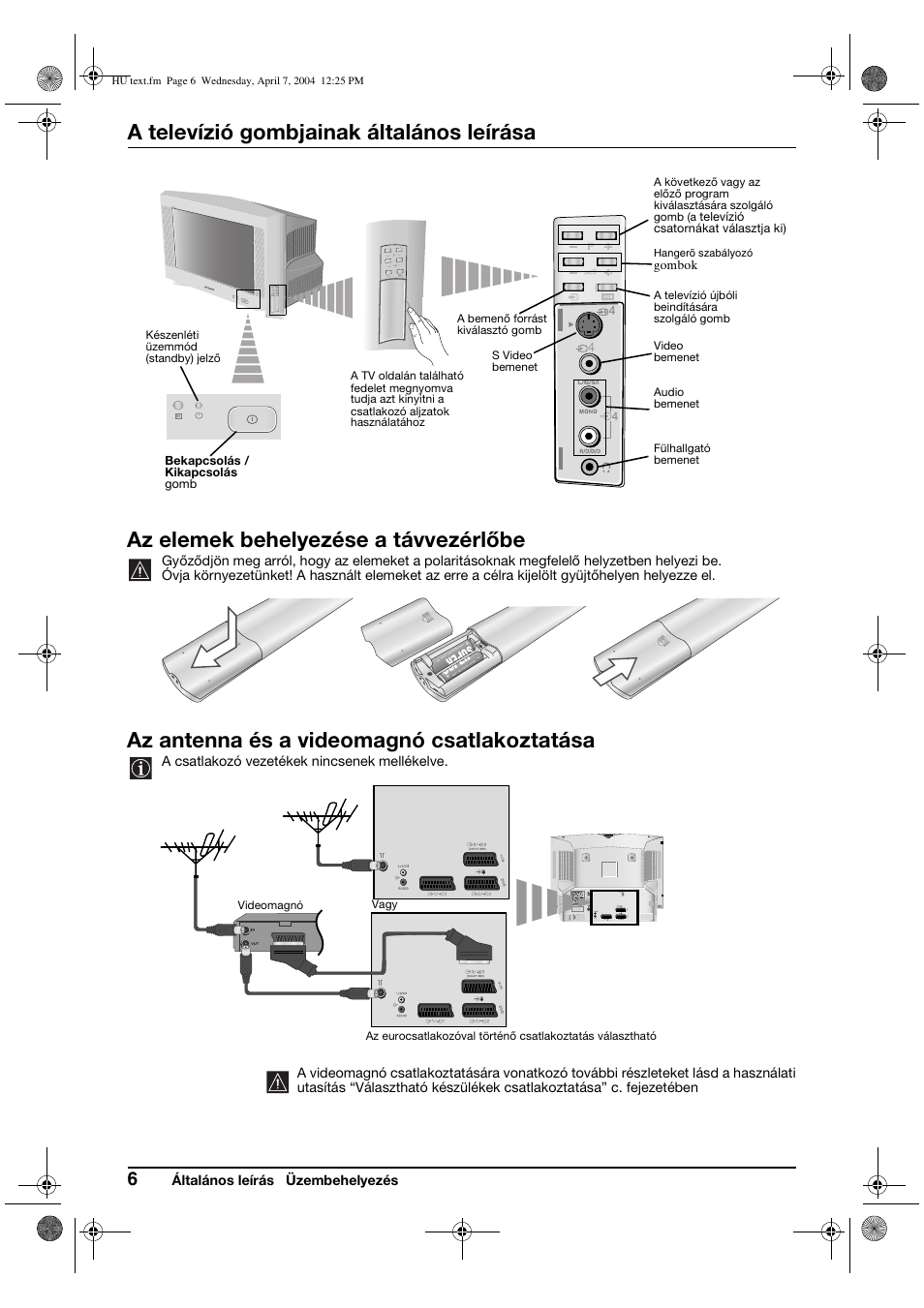 A televízió gombjainak általános leírása, Az elemek behelyezése a távvezérlőbe, Az antenna és a videomagnó csatlakoztatása | Sony FD Trinitron WEGA KV-28CS70K User Manual | Page 72 / 136
