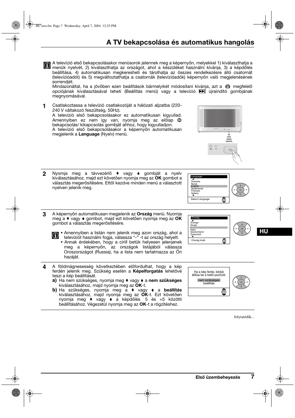 A tv bekapcsolása és automatikus hangolás | Sony FD Trinitron WEGA KV-28CS70K User Manual | Page 73 / 136