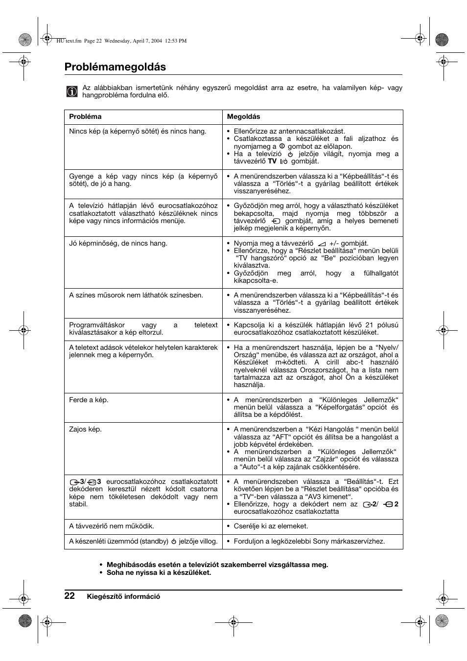 Problémamegoldás | Sony FD Trinitron WEGA KV-28CS70K User Manual | Page 88 / 136