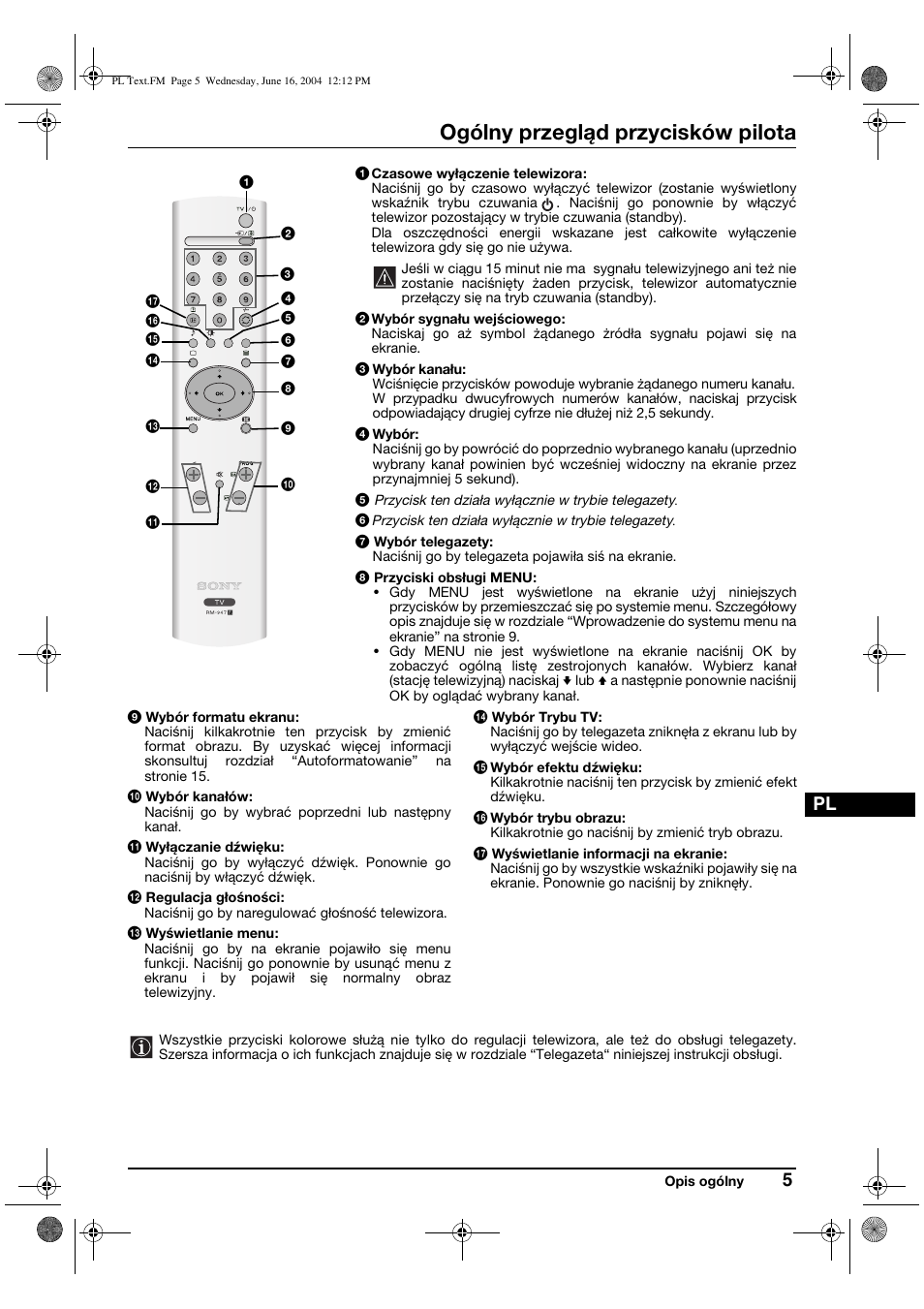 Ogólny przegląd przycisków pilota | Sony FD Trinitron WEGA KV-28CS70K User Manual | Page 93 / 136