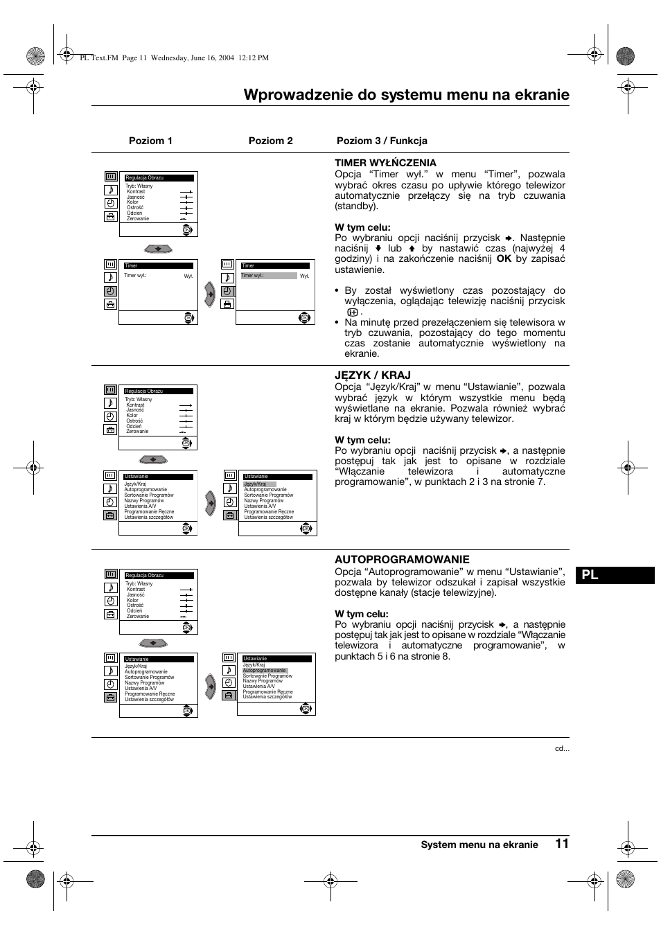 Wprowadzenie do systemu menu na ekranie, Język / kraj, Autoprogramowanie | Sony FD Trinitron WEGA KV-28CS70K User Manual | Page 99 / 136