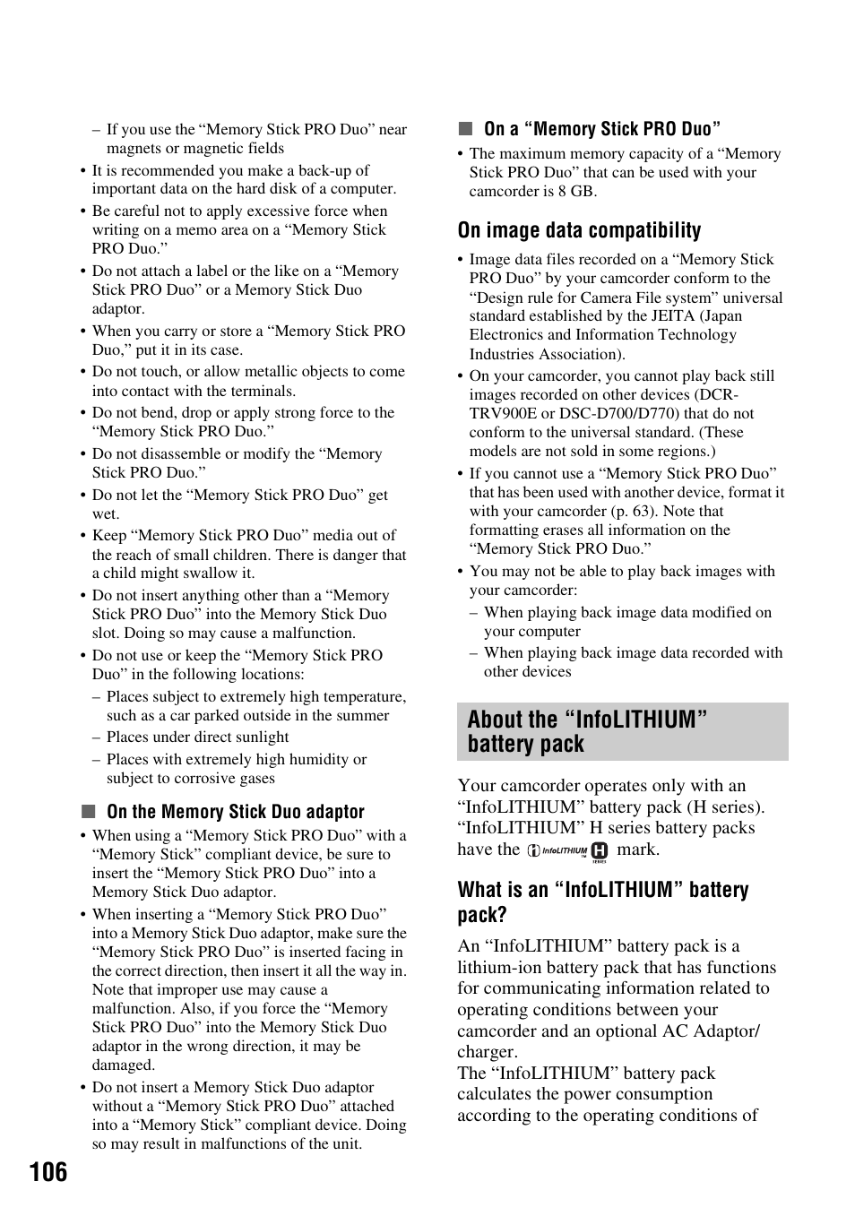 About the “infolithium” battery pack, About the “infolithium” battery, Pack | P. 106), On image data compatibility, What is an “infolithium” battery pack | Sony 3-286-590-12(1) User Manual | Page 106 / 124