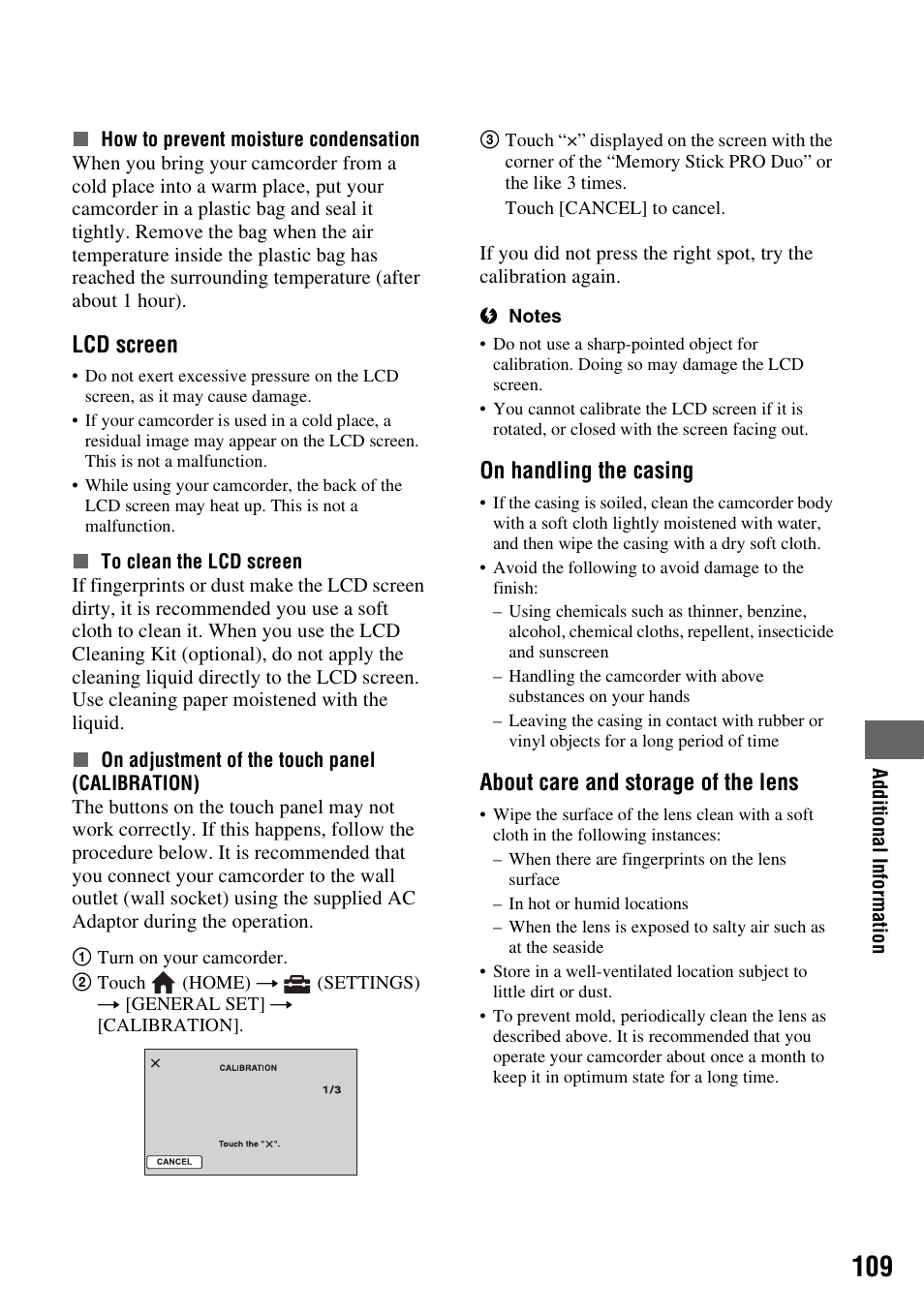 P. 109, P. 109), Lcd screen | On handling the casing, About care and storage of the lens | Sony 3-286-590-12(1) User Manual | Page 109 / 124