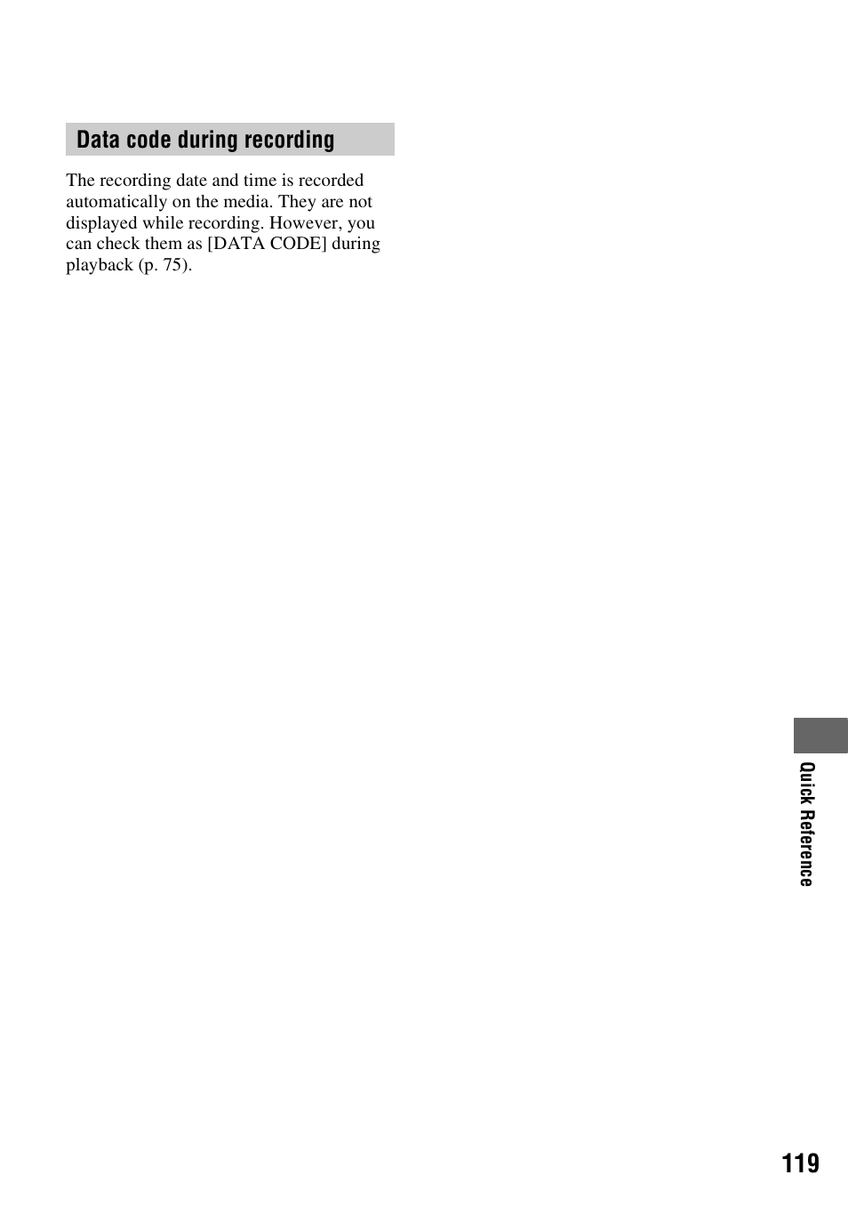 Data code during recording | Sony 3-286-590-12(1) User Manual | Page 119 / 124