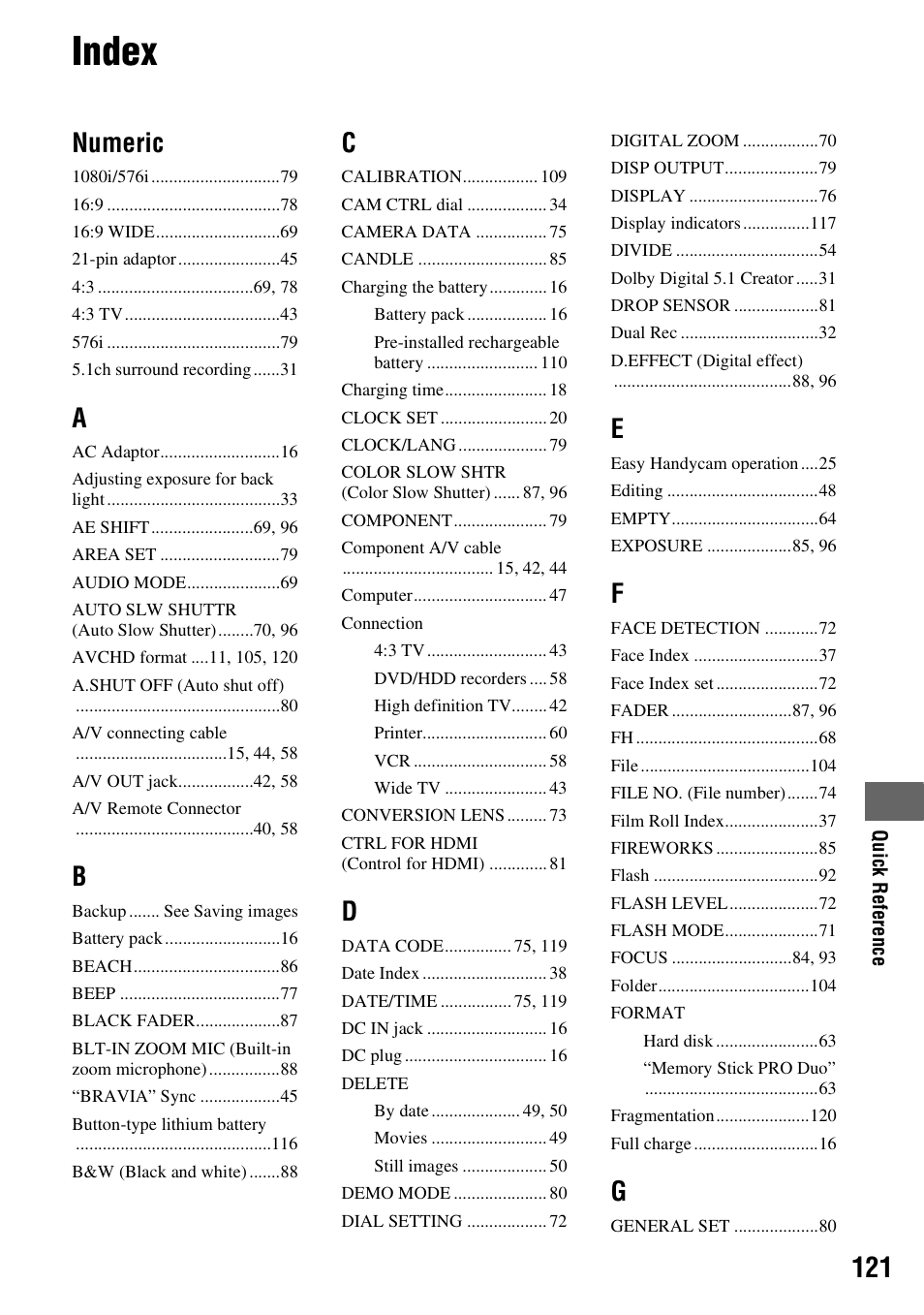 Index, Numeric | Sony 3-286-590-12(1) User Manual | Page 121 / 124