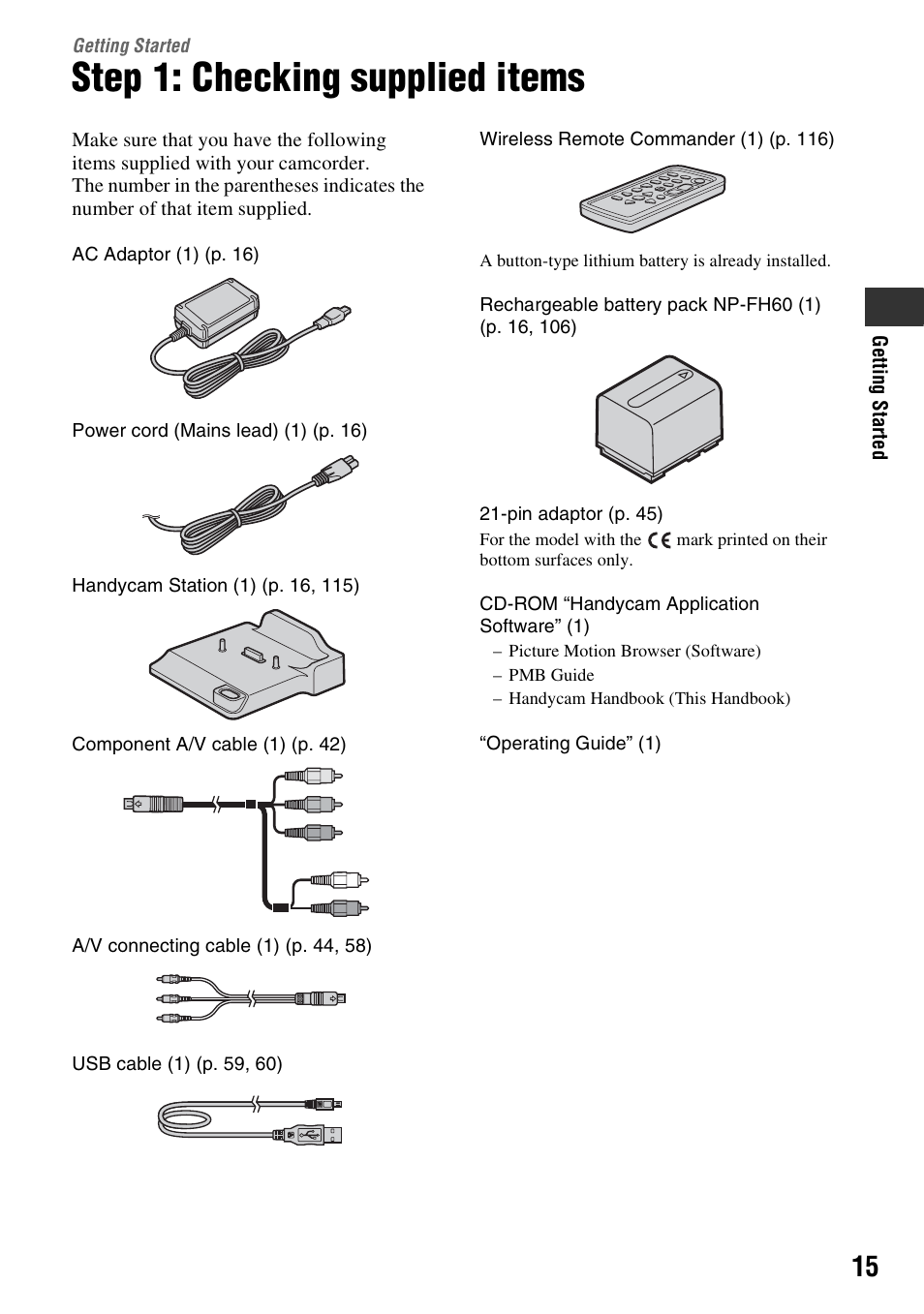 Getting started, Step 1: checking supplied items, P. 15) | Sony 3-286-590-12(1) User Manual | Page 15 / 124