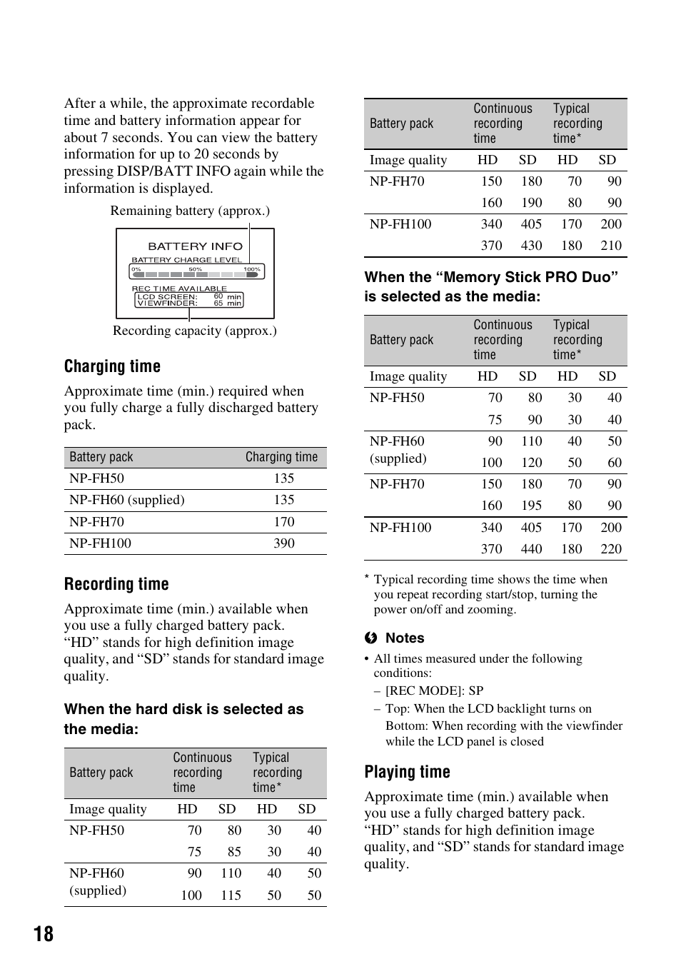 Charging time, Recording time, Playing time | Sony 3-286-590-12(1) User Manual | Page 18 / 124
