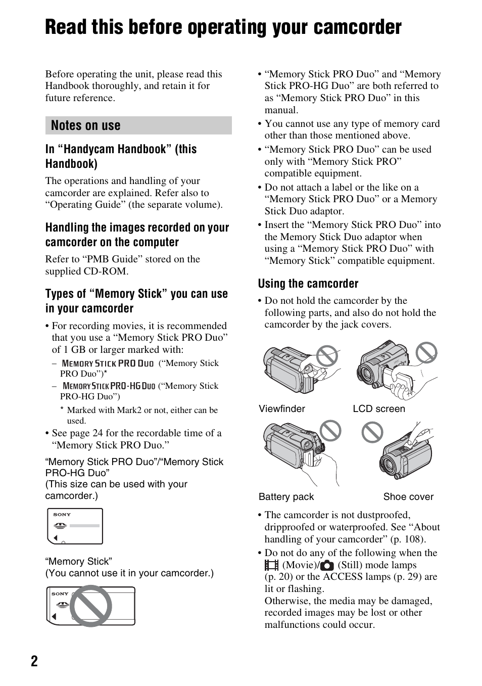 Read this before operating your camcorder | Sony 3-286-590-12(1) User Manual | Page 2 / 124