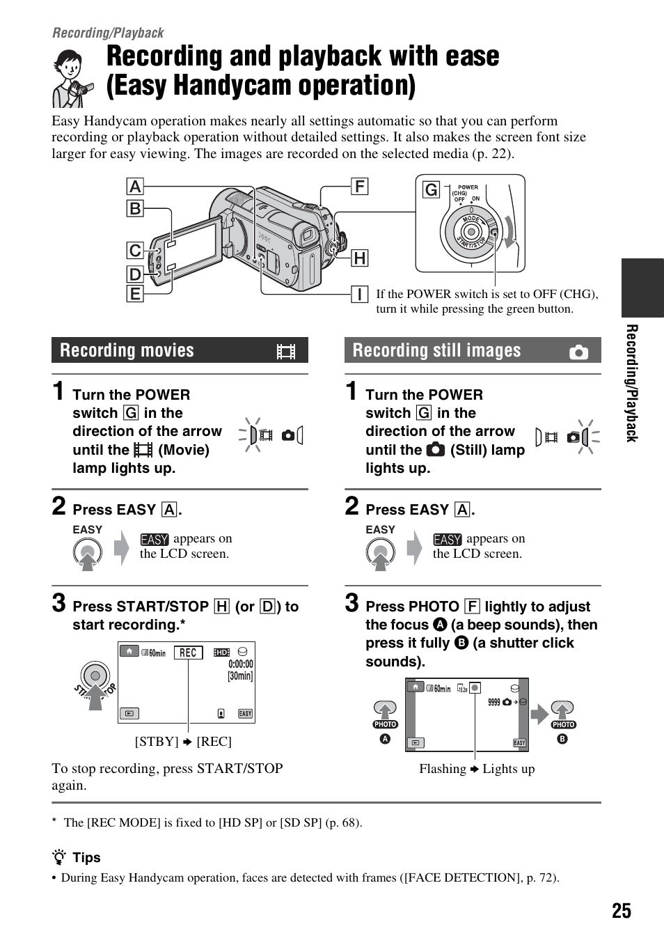 Recording/playback, Recording/playback 25, Recording and playback with ease | Easy handycam operation), P. 25), Recording movies, Recording still images | Sony 3-286-590-12(1) User Manual | Page 25 / 124