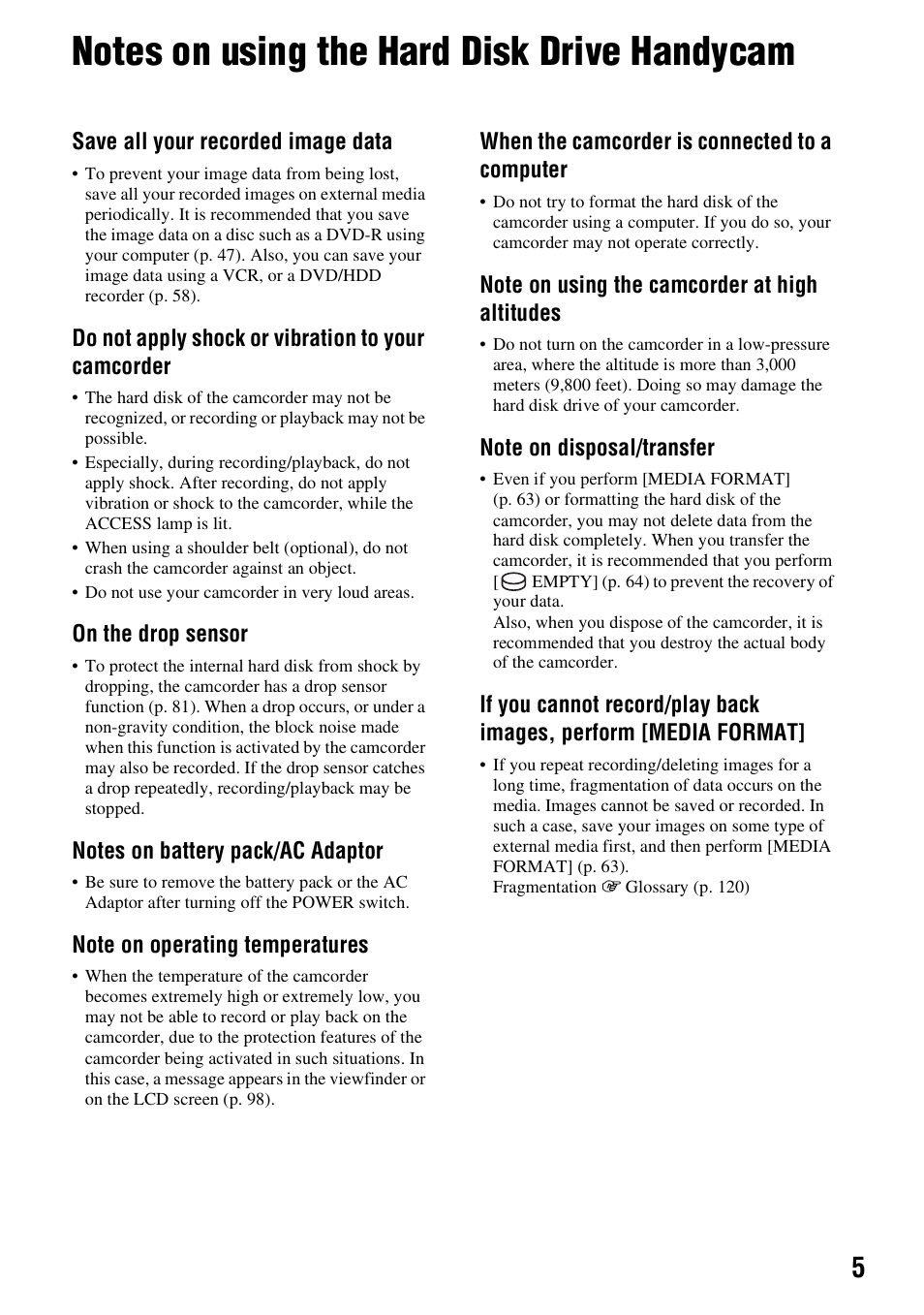 Notes on using the hard disk drive handycam | Sony 3-286-590-12(1) User Manual | Page 5 / 124