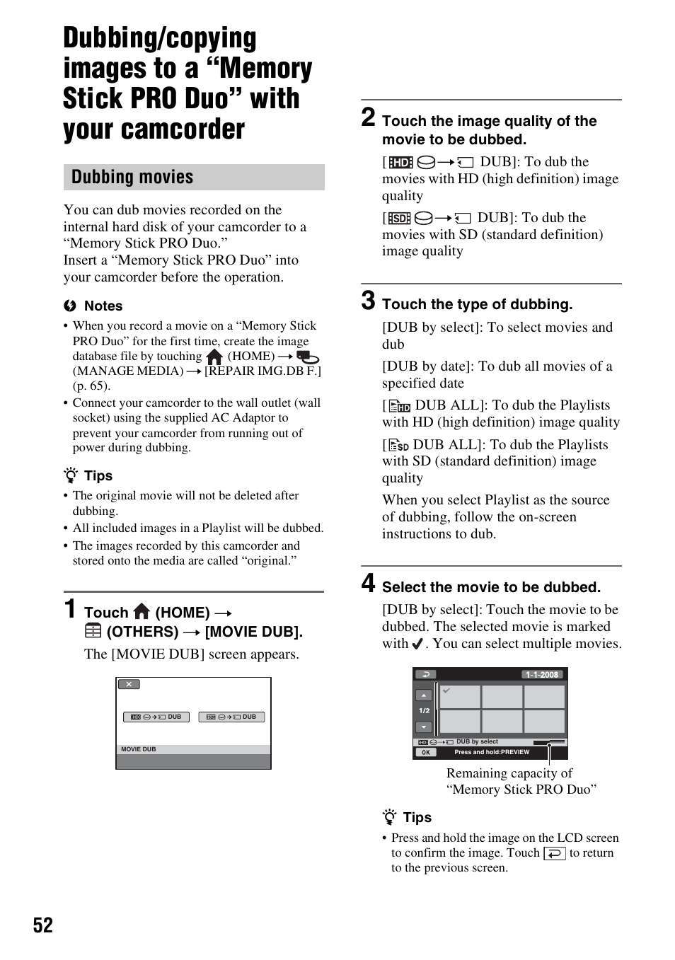 Dubbing/copying images to a, Memory stick pro duo” with your camcorder, O” (p. 52) | P. 52), Dubbing movies | Sony 3-286-590-12(1) User Manual | Page 52 / 124