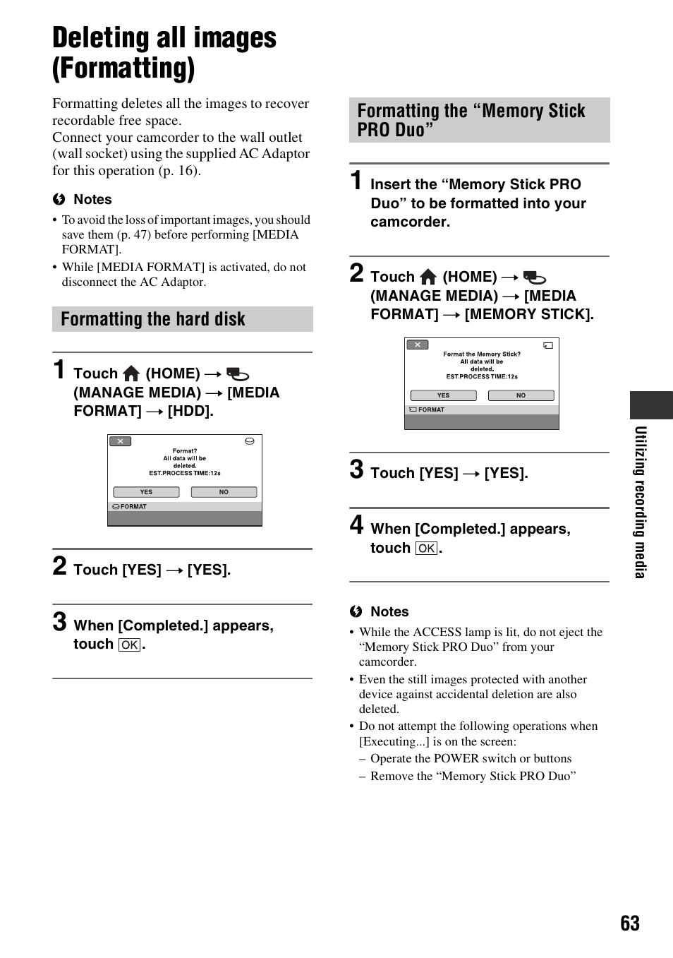 Deleting all images (formatting), P. 63), P. 63 | Formatting the hard disk | Sony 3-286-590-12(1) User Manual | Page 63 / 124