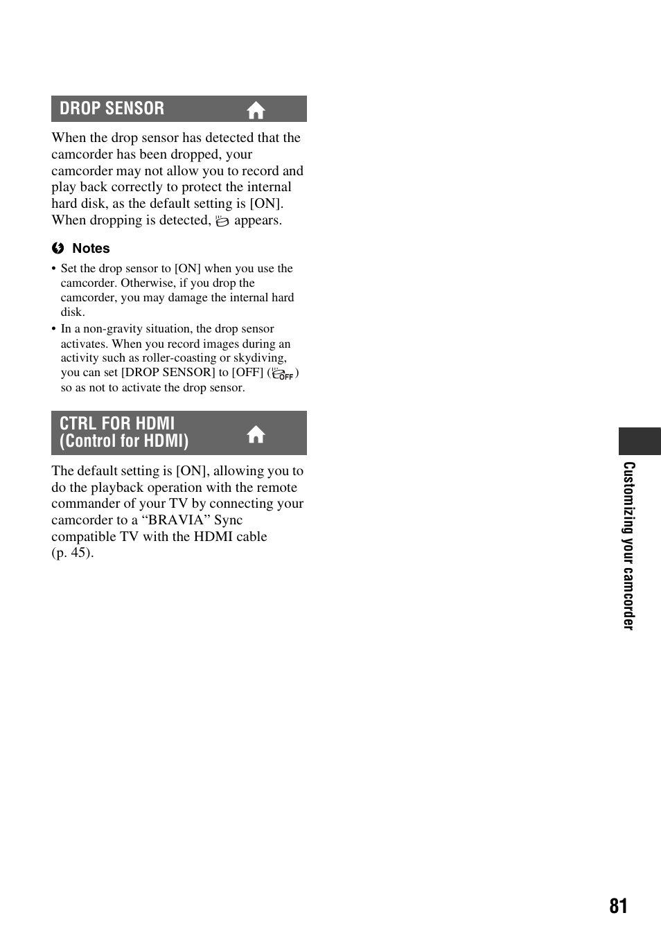 P. 81, Drop sensor ctrl for hdmi (control for hdmi) | Sony 3-286-590-12(1) User Manual | Page 81 / 124