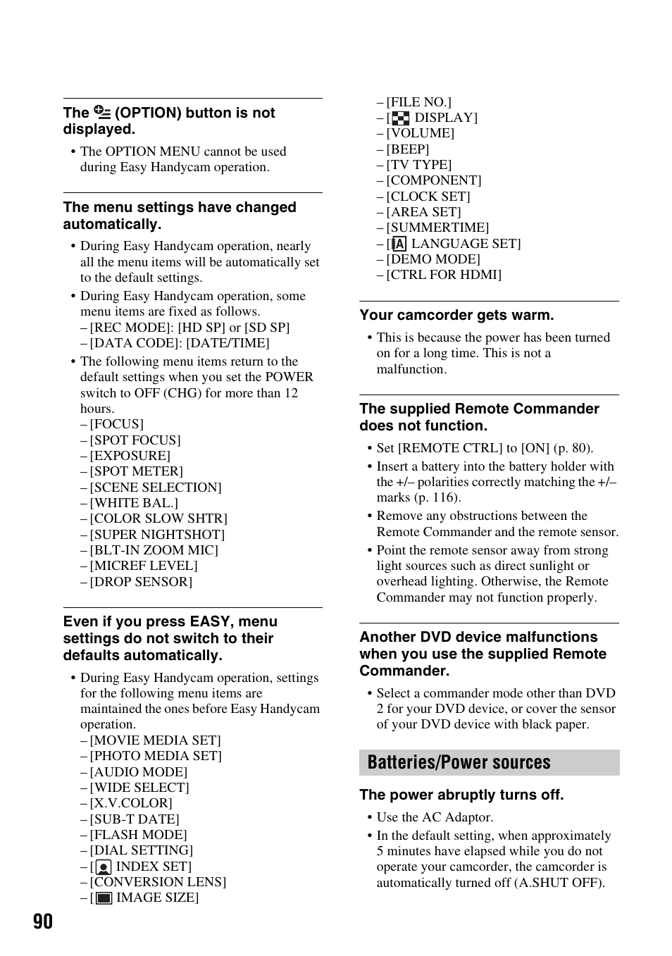 P. 90), Batteries/power sources | Sony 3-286-590-12(1) User Manual | Page 90 / 124