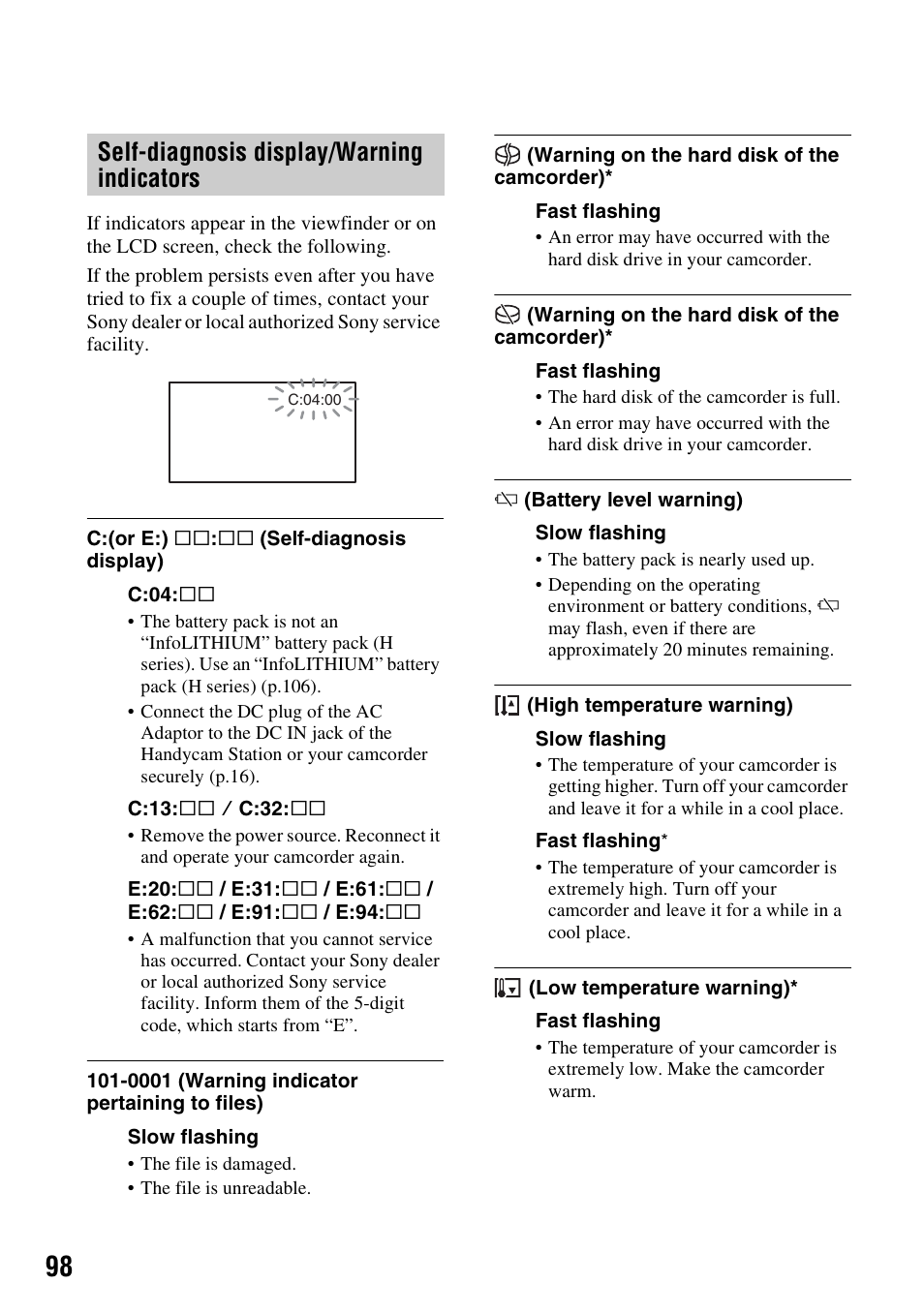 Self-diagnosis display/warning indicators, P. 98), Self-diagnosis display/warning | Indicators | Sony 3-286-590-12(1) User Manual | Page 98 / 124