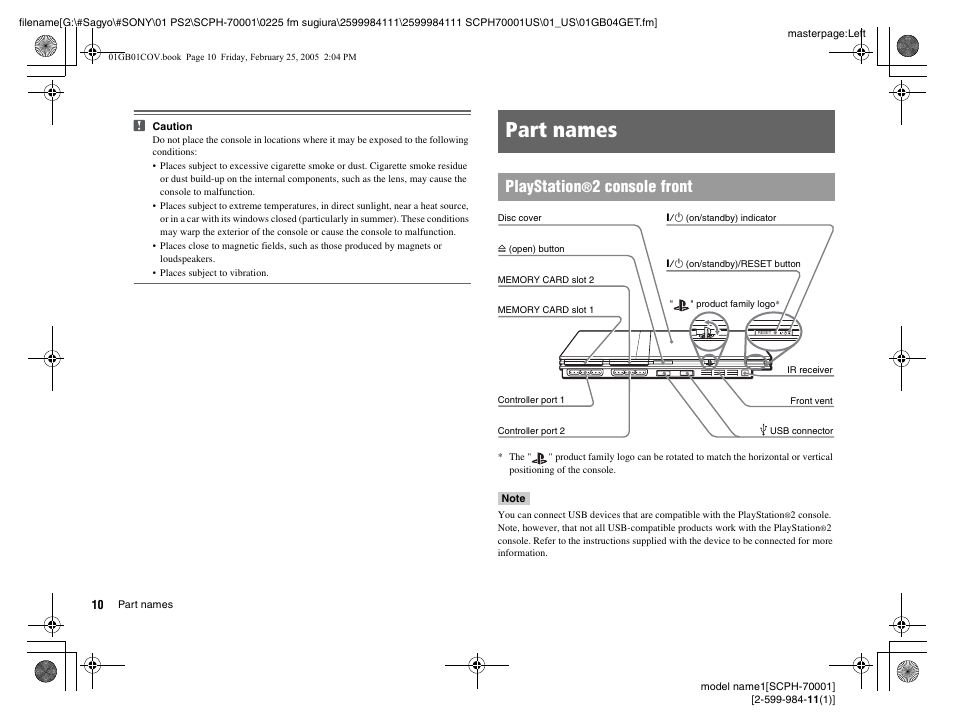 Part names, Playstation, 2 console front | Sony NOT SCPH-70001 User Manual | Page 10 / 172