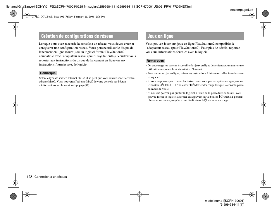 Création de configurations de réseau jeux en ligne | Sony NOT SCPH-70001 User Manual | Page 102 / 172