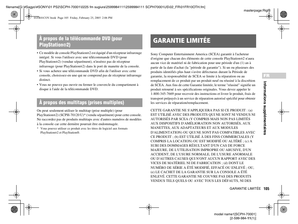 Garantie limitée, À propos de la télécommande dvd (pour playstation, 2) à propos des multitaps (prises multiples) | Sony NOT SCPH-70001 User Manual | Page 105 / 172