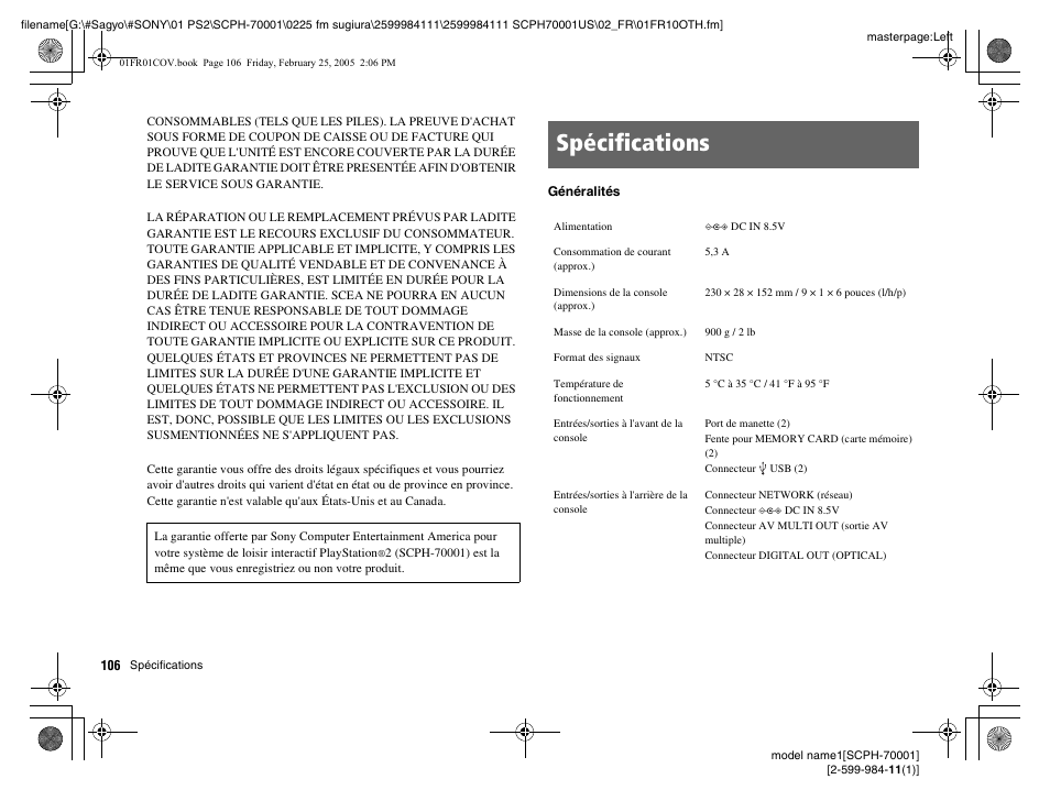 Spécifications | Sony NOT SCPH-70001 User Manual | Page 106 / 172