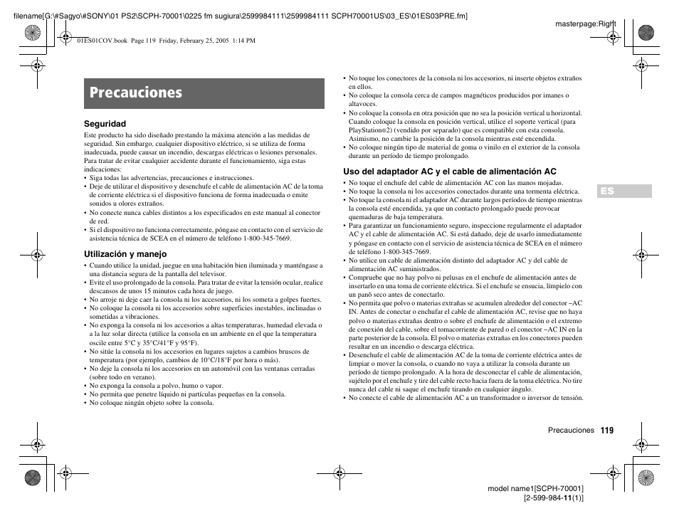 Precauciones | Sony NOT SCPH-70001 User Manual | Page 119 / 172