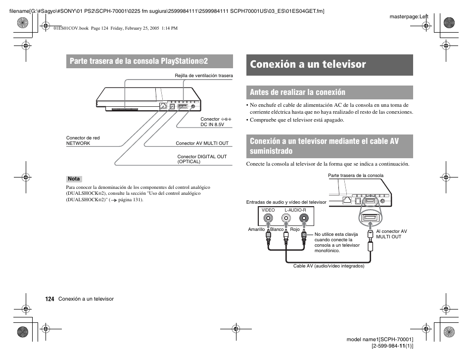 Conexión a un televisor, Parte trasera de la consola playstation | Sony NOT SCPH-70001 User Manual | Page 124 / 172