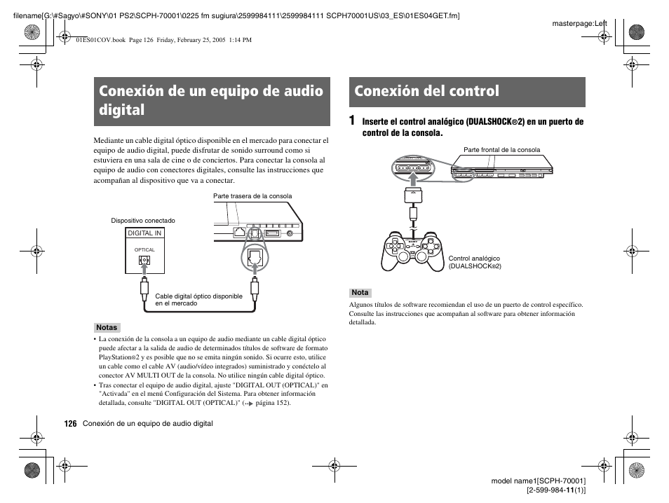 Conexión de un equipo de audio digital, Conexión del control | Sony NOT SCPH-70001 User Manual | Page 126 / 172