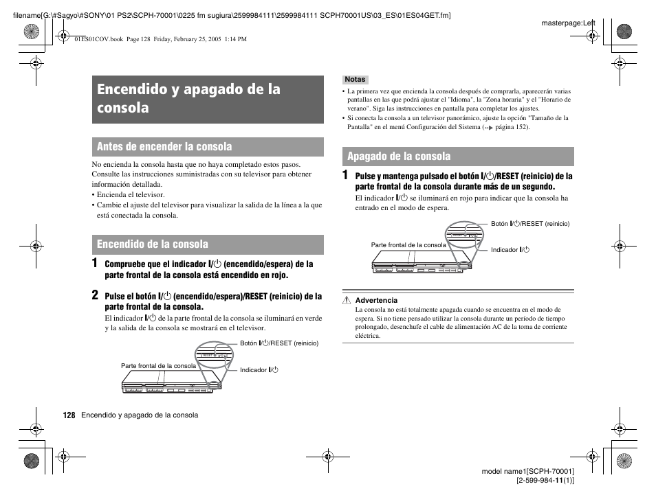 Encendido y apagado de la consola, Apagado de la consola | Sony NOT SCPH-70001 User Manual | Page 128 / 172