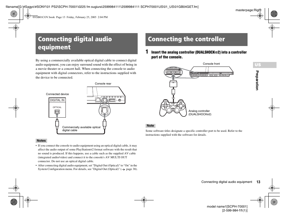 Connecting digital audio equipment, Connecting the controller | Sony NOT SCPH-70001 User Manual | Page 13 / 172