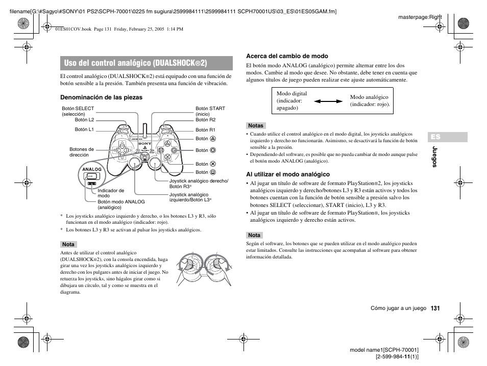 Uso del control analógico (dualshock | Sony NOT SCPH-70001 User Manual | Page 131 / 172