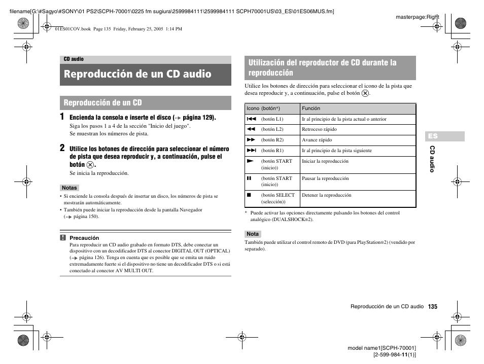 Cd audio, Reproducción de un cd audio | Sony NOT SCPH-70001 User Manual | Page 135 / 172