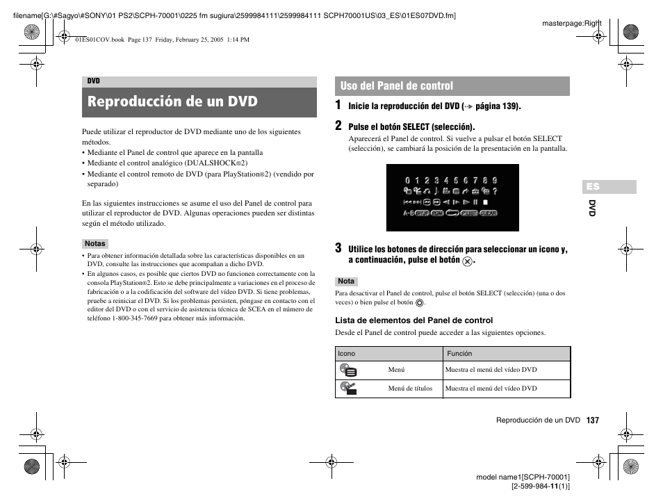 Reproducción de un dvd, Uso del panel de control | Sony NOT SCPH-70001 User Manual | Page 137 / 172