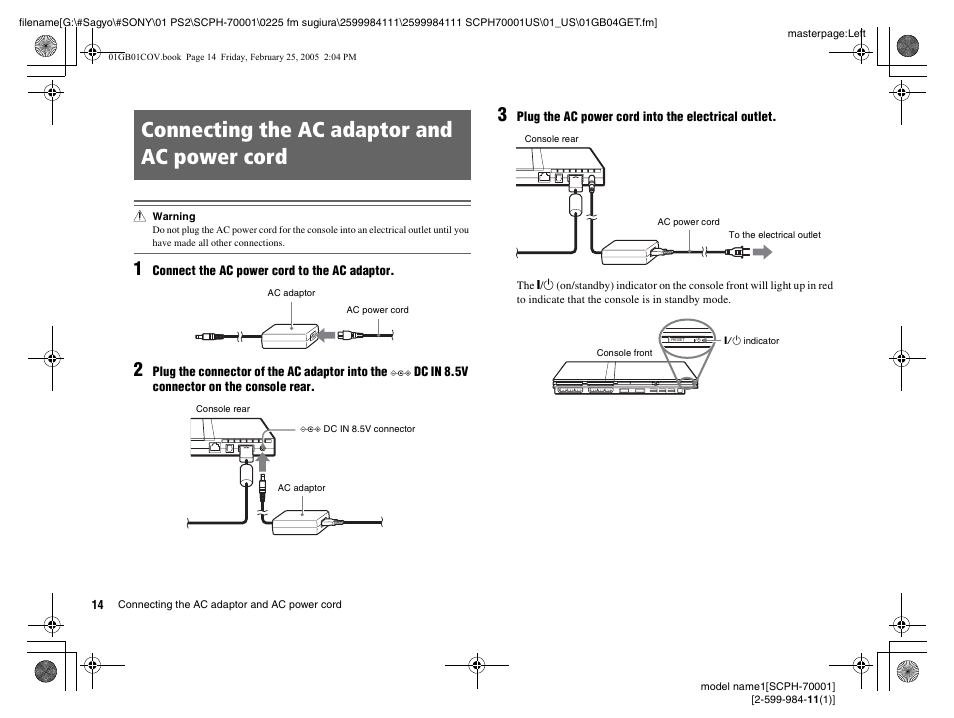 Connecting the ac adaptor and ac power cord | Sony NOT SCPH-70001 User Manual | Page 14 / 172