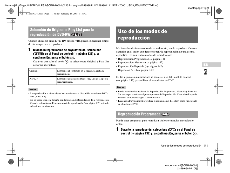 Uso de los modos de reproducción, Reproducción programada | Sony NOT SCPH-70001 User Manual | Page 141 / 172