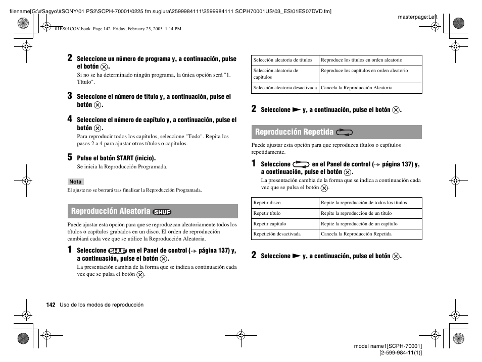 Reproducción aleatoria, Reproducción repetida | Sony NOT SCPH-70001 User Manual | Page 142 / 172